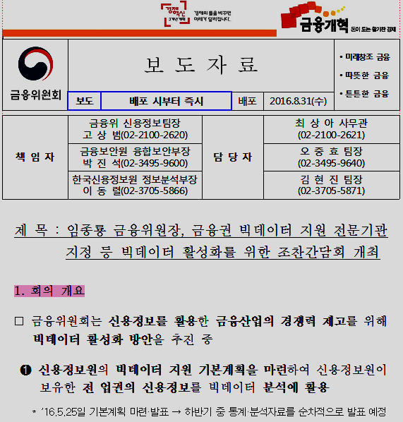- 2016. 8. 31. 비식별 처리 후 신용정보 공개 방침을 밝힌 금융위원회 보도자료